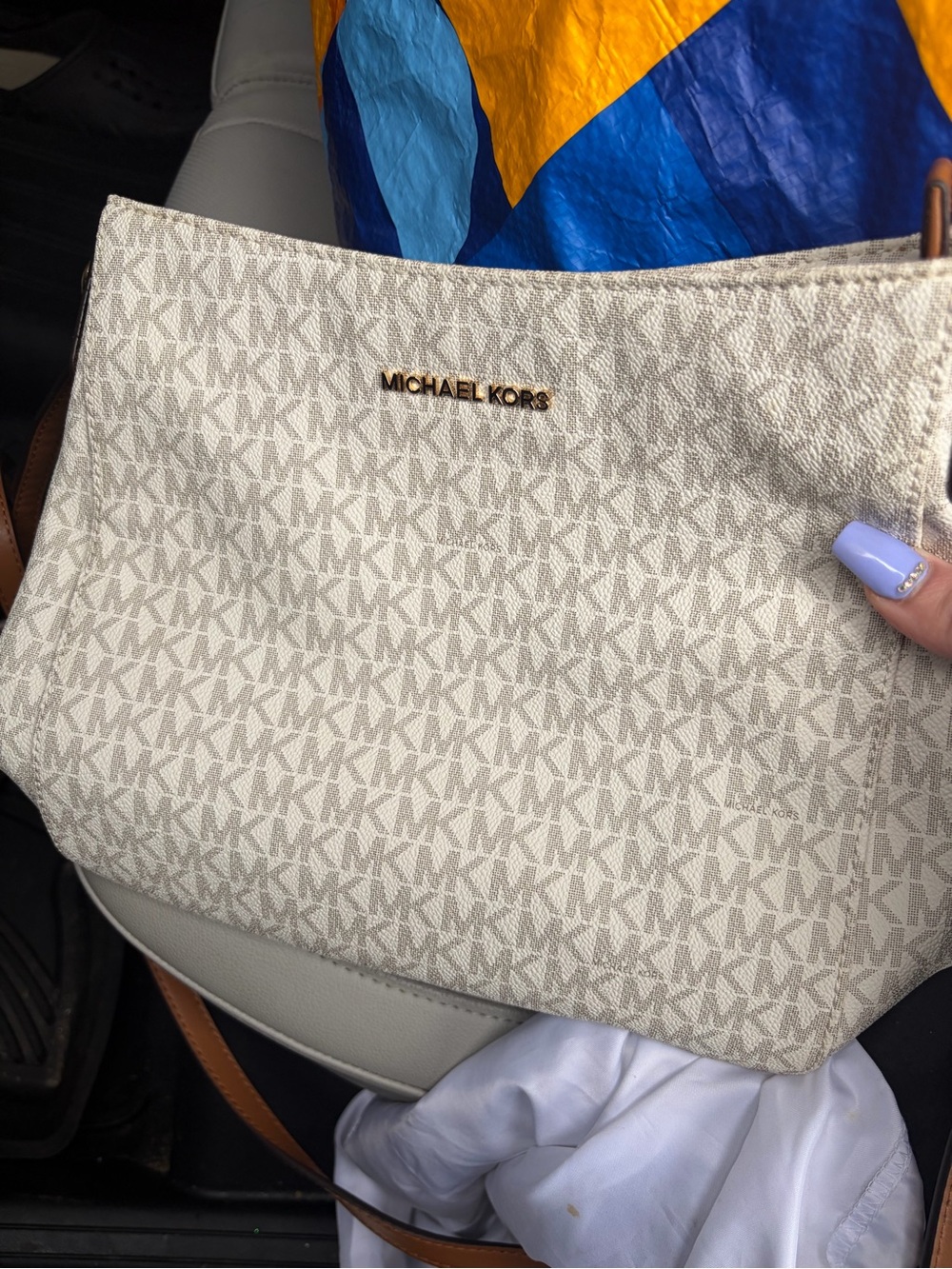 Michael Kors Cream MK Logo Crossbody Bag with Brown Strap